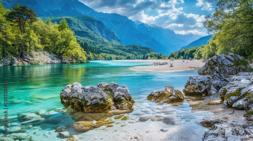 Poster Scenic view of a river with rocks in the foreground and mountains in the background. Suitable for travel and nature concepts