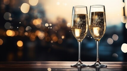 Champagne glasses on festive bokeh with elegant copy space, celebration and party concept - obrazy, fototapety, plakaty
