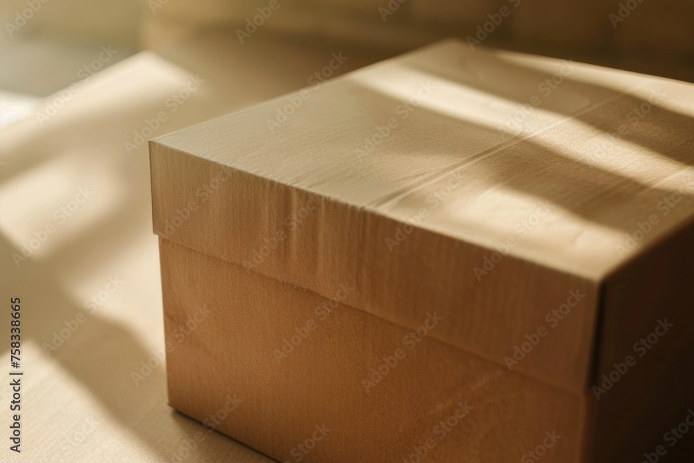 Poster a brown box sitting on a table. suitable for various concepts