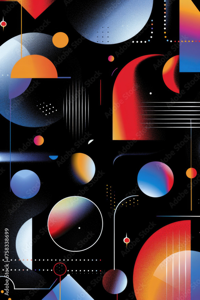 Poster Abstract colorful shapes and lines on a black background. Suitable for graphic design projects