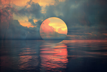 Surreal sunset inside circular frame over ocean