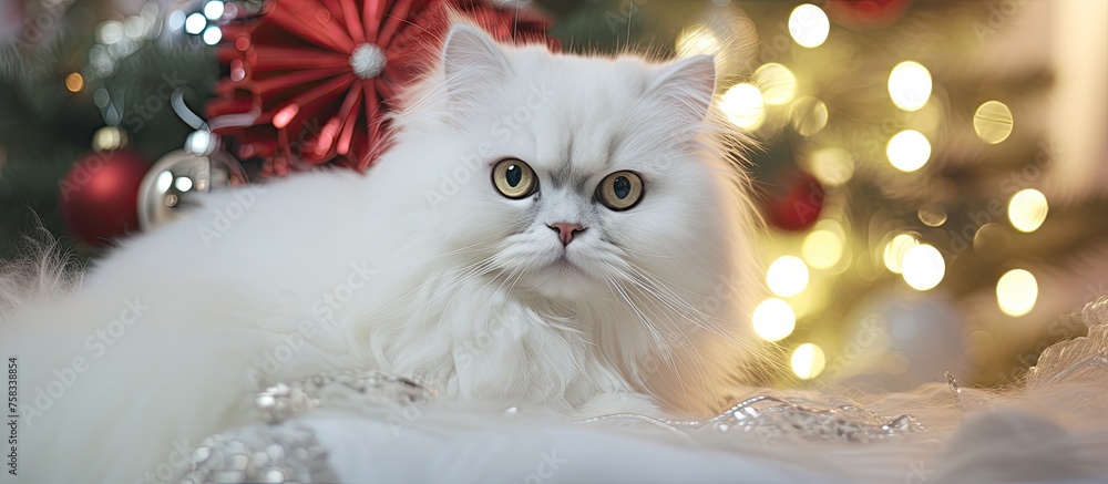 Poster a small to mediumsized white felidae cat with whiskers and fur is sitting in front of a christmas tr