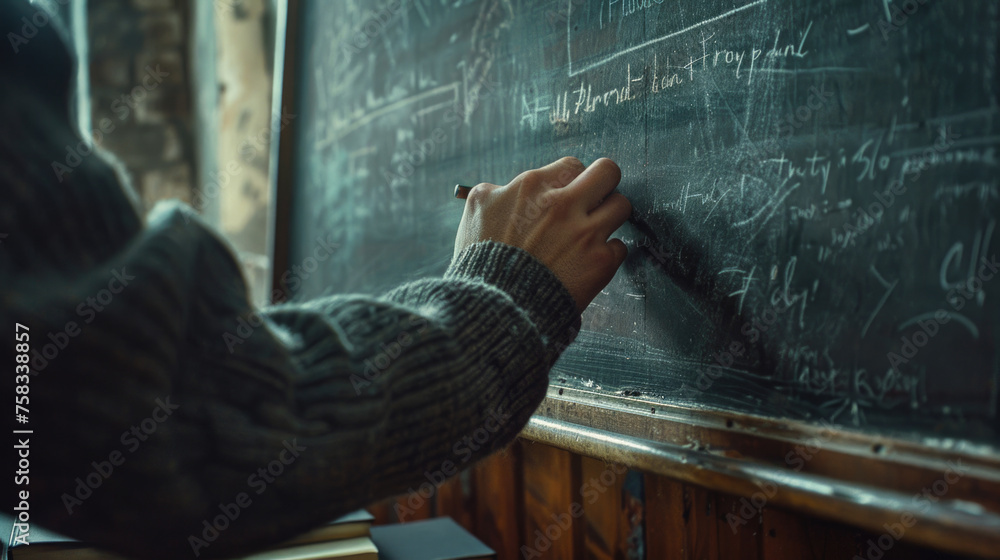 Poster a person writing on a blackboard with chalk. suitable for educational concepts