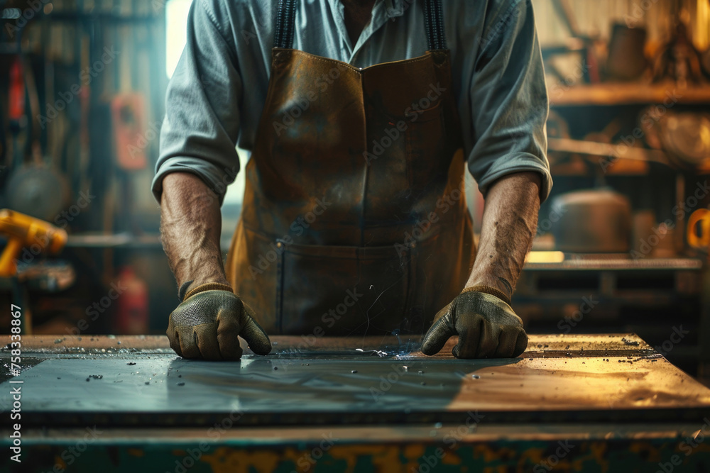 Poster a man in an apron working on a piece of metal. suitable for industrial and craftsmanship concepts
