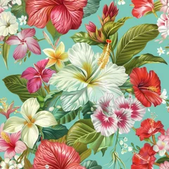 Rolgordijnen Vintage style seamless pattern with exotic orchids and hibiscus flowers on pastel background. Retro floral print for textile, wallpaper, packaging. Spring, summer, Mother's Day, wedding design © JovialFox