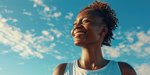 A woman smiling and gazing up at the sky, suitable for various concepts - obrazy, fototapety, plakaty