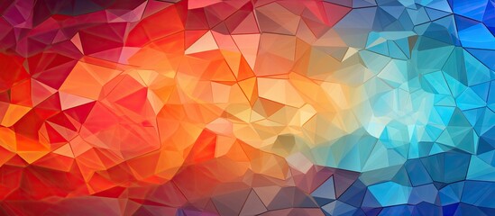 A vibrant geometric background featuring triangles in a rainbow of colors like Amber, Orange, and Magenta. The pattern consists of tints and shades creating a bold and creative arts design