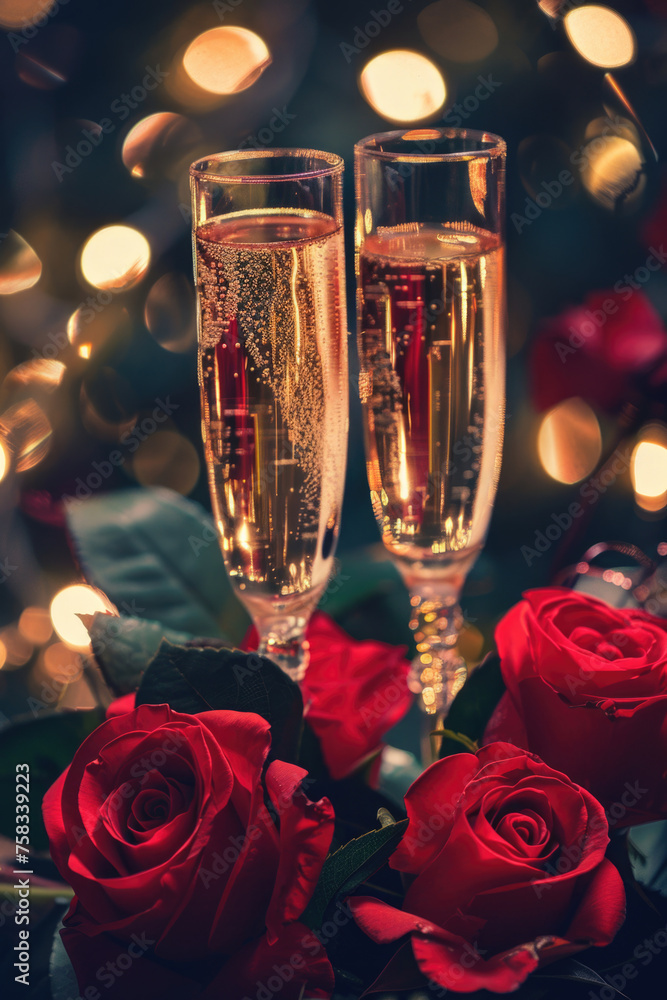 Poster Elegant table setting with champagne glasses and red roses. Perfect for romantic occasions