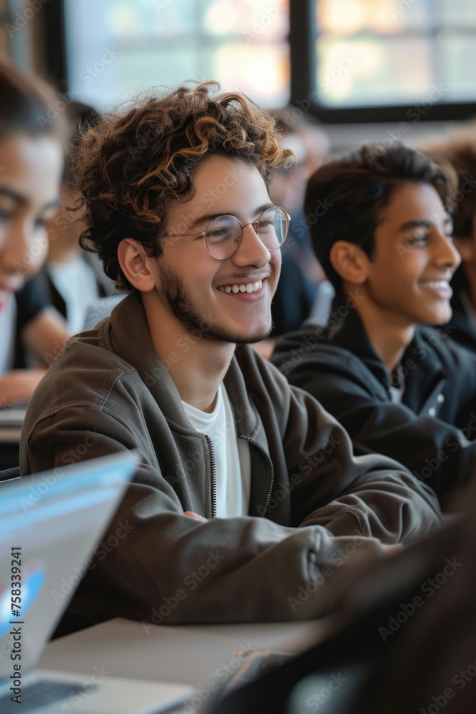 Poster A group of young men sitting in front of laptops. Suitable for technology and business concepts