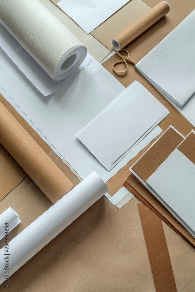 Aufkleber A collection of papers and scissors on a table. Suitable for various office or craft related projects