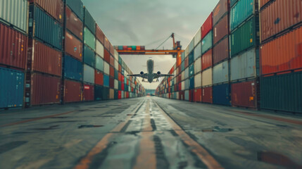 Fototapeta premium A plane soaring above industrial shipping containers. Suitable for transportation and logistics concepts
