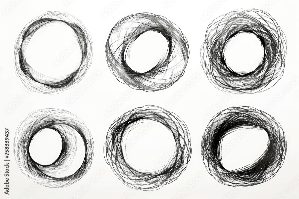 Poster set of six black circles on a plain white background. suitable for graphic design projects