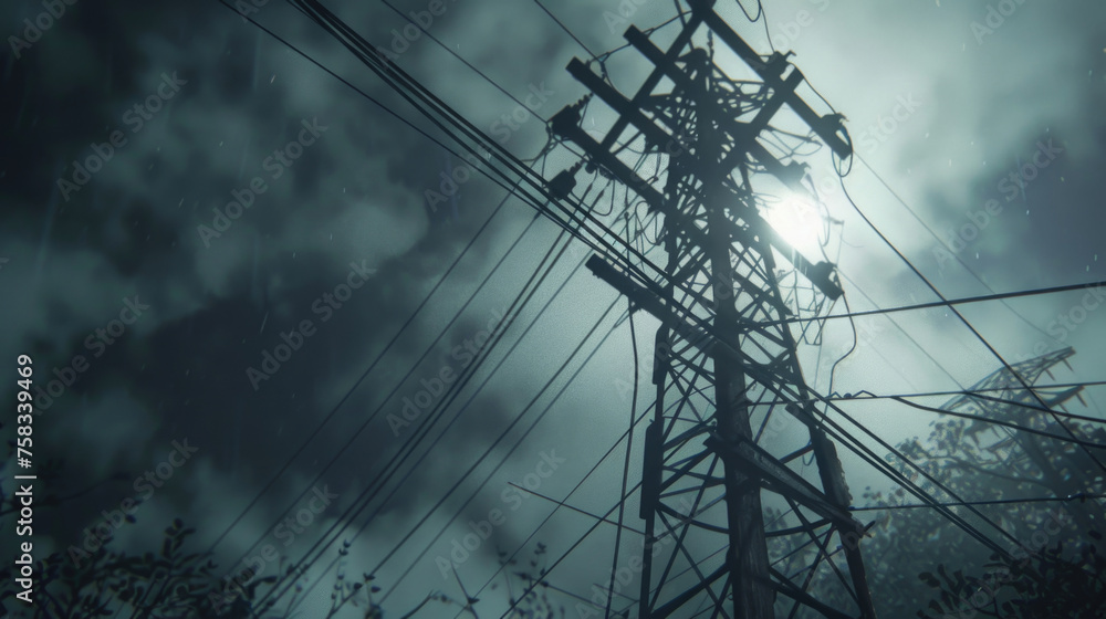 Poster a power pole standing tall with a dramatic cloudy sky in the background. perfect for illustrating co