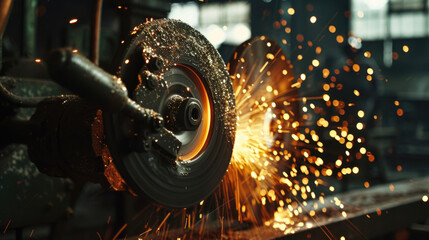 A grinding machine emitting sparks. Suitable for industrial concepts - obrazy, fototapety, plakaty