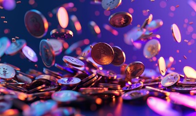 Bitcoin coins flying around - obrazy, fototapety, plakaty
