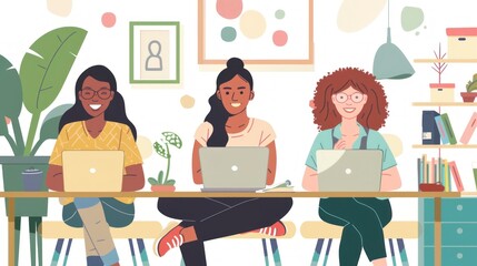 illustration of a young woman at her laptop working