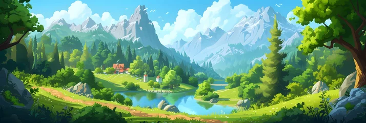 Fotobehang Bosweg In the springtime the sky painted a vibrant blue backdrop to the lush green forest filled with towering trees flourishing plants and winding footpaths creating breathtaking natural landscap