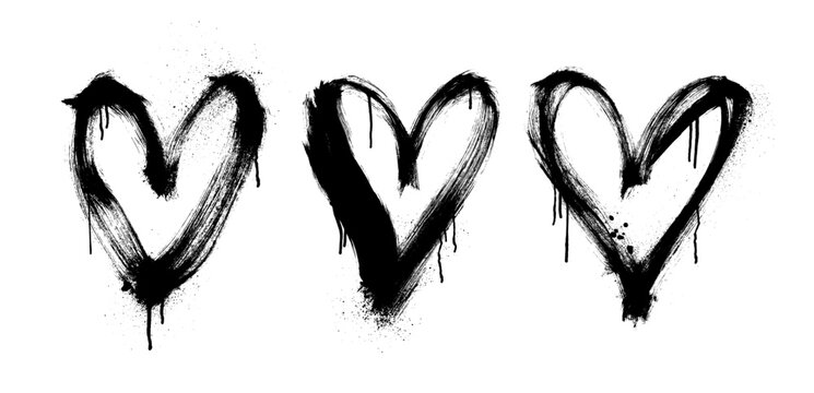 Naklejki Graffiti spray heart shapes with ink drips. Brush drawn grunge vector love elements isolated on white background.