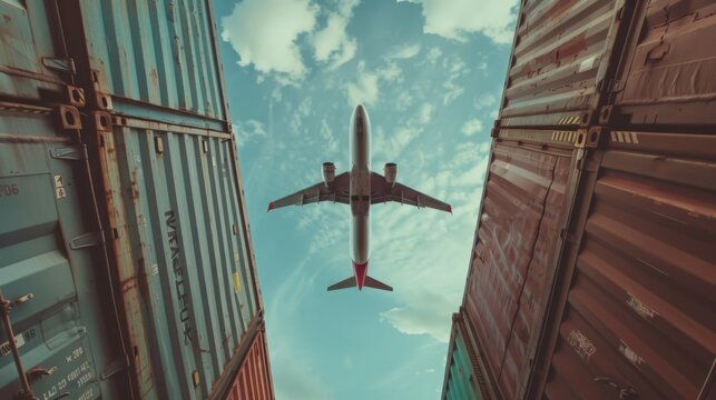 Cargo plane flying above semi truck with shipping container on road. Global logistics network, freight transportation, shipping and delivery business. Import-export trade banner with copy space