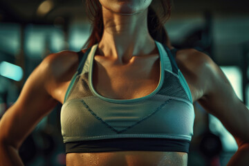 Close-up of a woman wearing a sports bra, suitable for fitness and health concepts