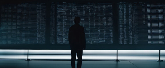 Fototapeta premium A silhouette of a person standing in front of a giant digital screen with a flow of data showing various cyber threats and vulnerabilities