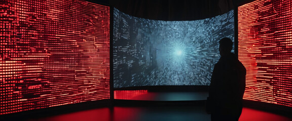 A silhouette of a person standing in front of a giant digital screen with a flow of data showing various cyber threats and vulnerabilities