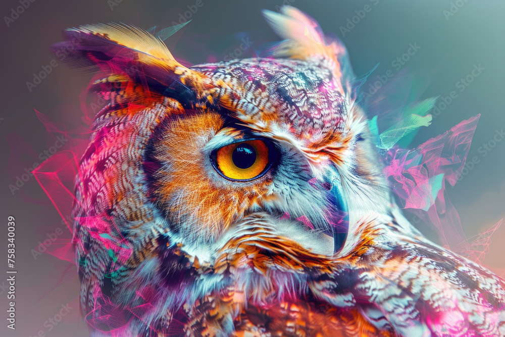 Poster close up of an owl's face with vibrant feathers. perfect for nature and wildlife themes