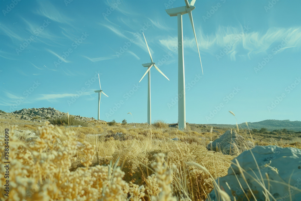 Poster wind turbines on a dry grass field, suitable for environmental and energy concepts