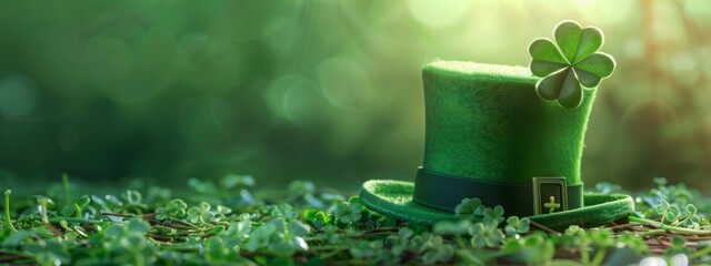 Green shamrock lucky top hat as St Patrick's day symbol and luck icon of Irish tradition with magical four leaf clover. Leprechaun cap. Celebration concept, Background, card, banner with copy space - obrazy, fototapety, plakaty