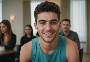 Young man in teal tank top smiling at camera. - obrazy, fototapety, plakaty