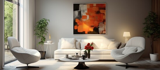 A living room in a house with a couch, two chairs, a coffee table, and a painting on the wall. The interior design features wood accents and a houseplant
