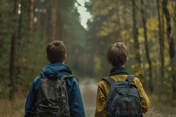 Two boys walking down a dirt road, suitable for outdoor adventure concept - obrazy, fototapety, plakaty