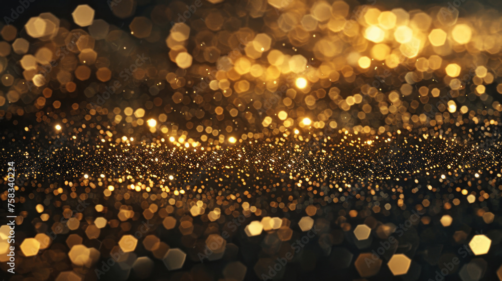 Poster blurry image of gold lights in a dark room. perfect for abstract backgrounds