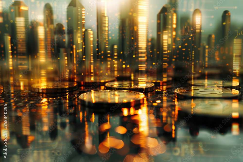 Leinwandbilder close-up of a clock on a table with a city backdrop. suitable for business concepts