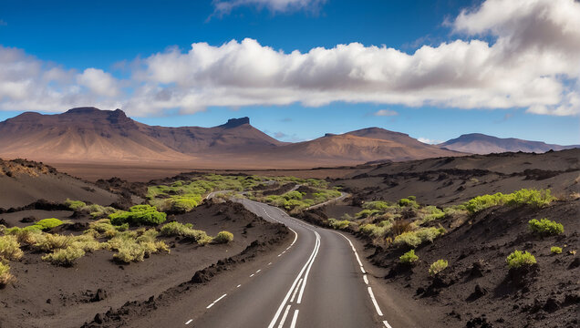 A paved road curves through a barren volcanic landscape.