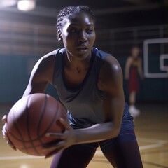 Determined African American Woman in Basketball Uniform
