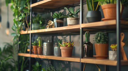 A shelf filled with various potted plants, perfect for home decor or gardening concepts - obrazy, fototapety, plakaty