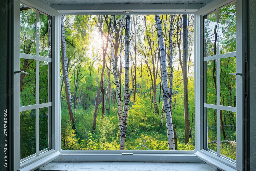 Poster A serene view of a forest through an open window. Suitable for nature-themed designs