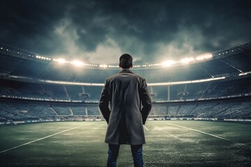Man in Coat and Hat on Soccer Field at Night
