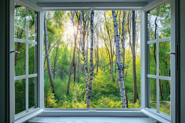 A serene view of a forest through an open window. Suitable for nature-themed designs