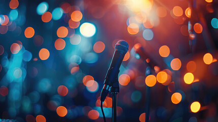 A microphone with colorful lights in the background. Perfect for music events and concerts