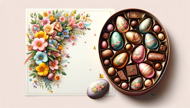 An Easter celebration image with the oval box of egg- shaped chocolates and plenty space for personalization or ad. Ai generative