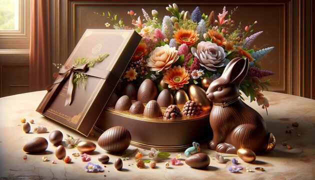 An Easter celebration image with the box of egg-shaped chocolates, spring flowers and sweet bunny on the side. Ai generative