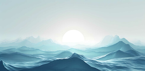 Gray-blue horizontally aligned distant mountains, large scene, 3D effect, renderer
