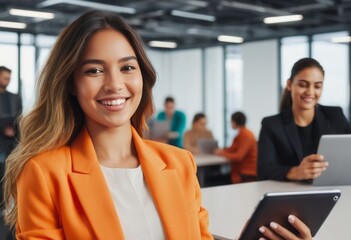 Smiling woman in orange blazer using a tablet in office.