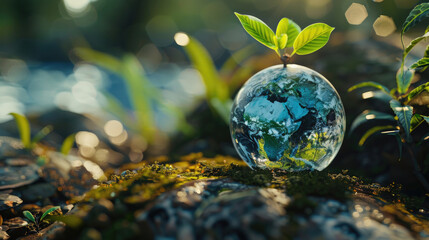 A unique plant growing out of a glass globe. Perfect for environmental concepts - obrazy, fototapety, plakaty
