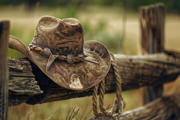 A cowboy hat and scissors placed on a wooden fence. Perfect for western themed designs