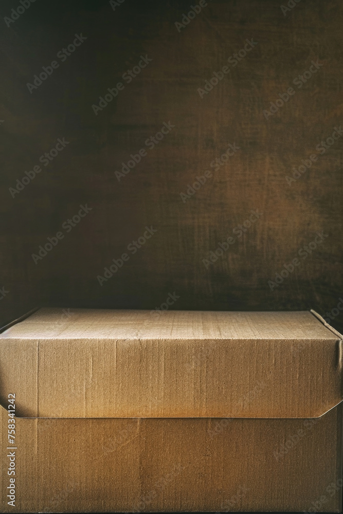 Aufkleber A cardboard box placed on a table. Suitable for various concepts and design projects