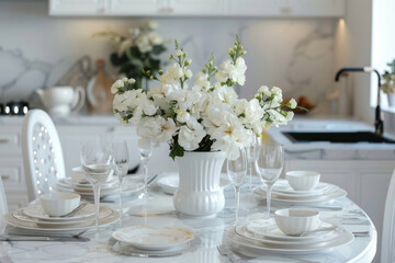 Fototapeta premium Simple white table with a vase of flowers, suitable for home decor