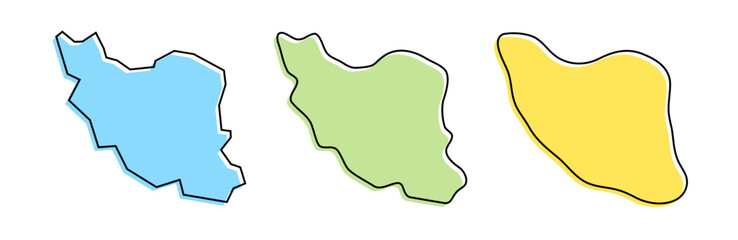 Iran country black outline and colored country silhouettes in three different levels of smoothness. Simplified maps. Vector icons isolated on white background.